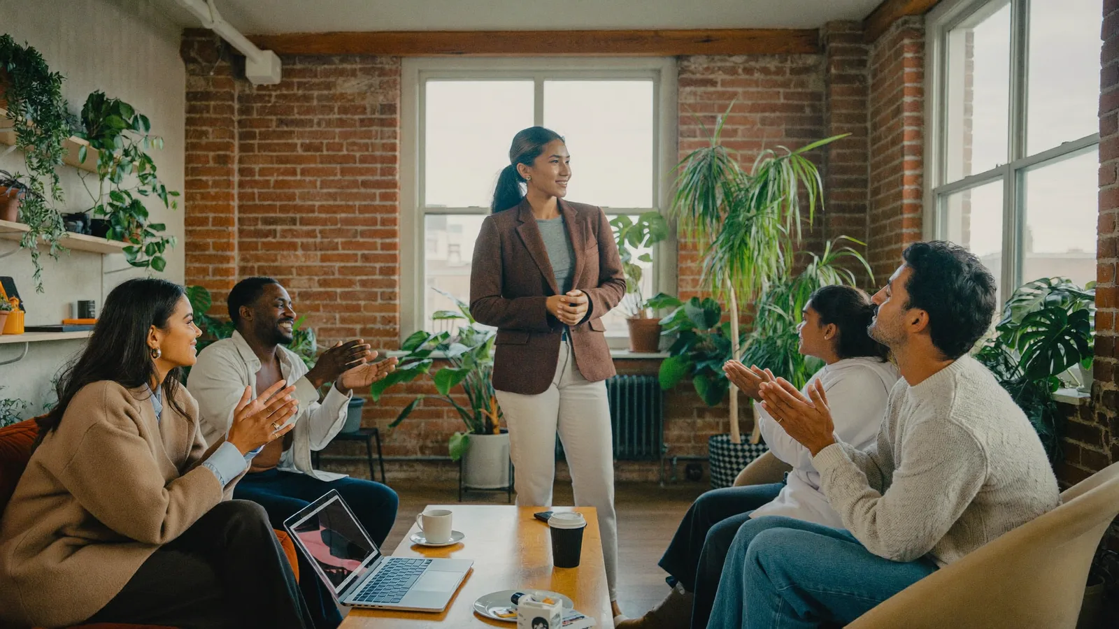 A founder being recognised by the room in a brick loft