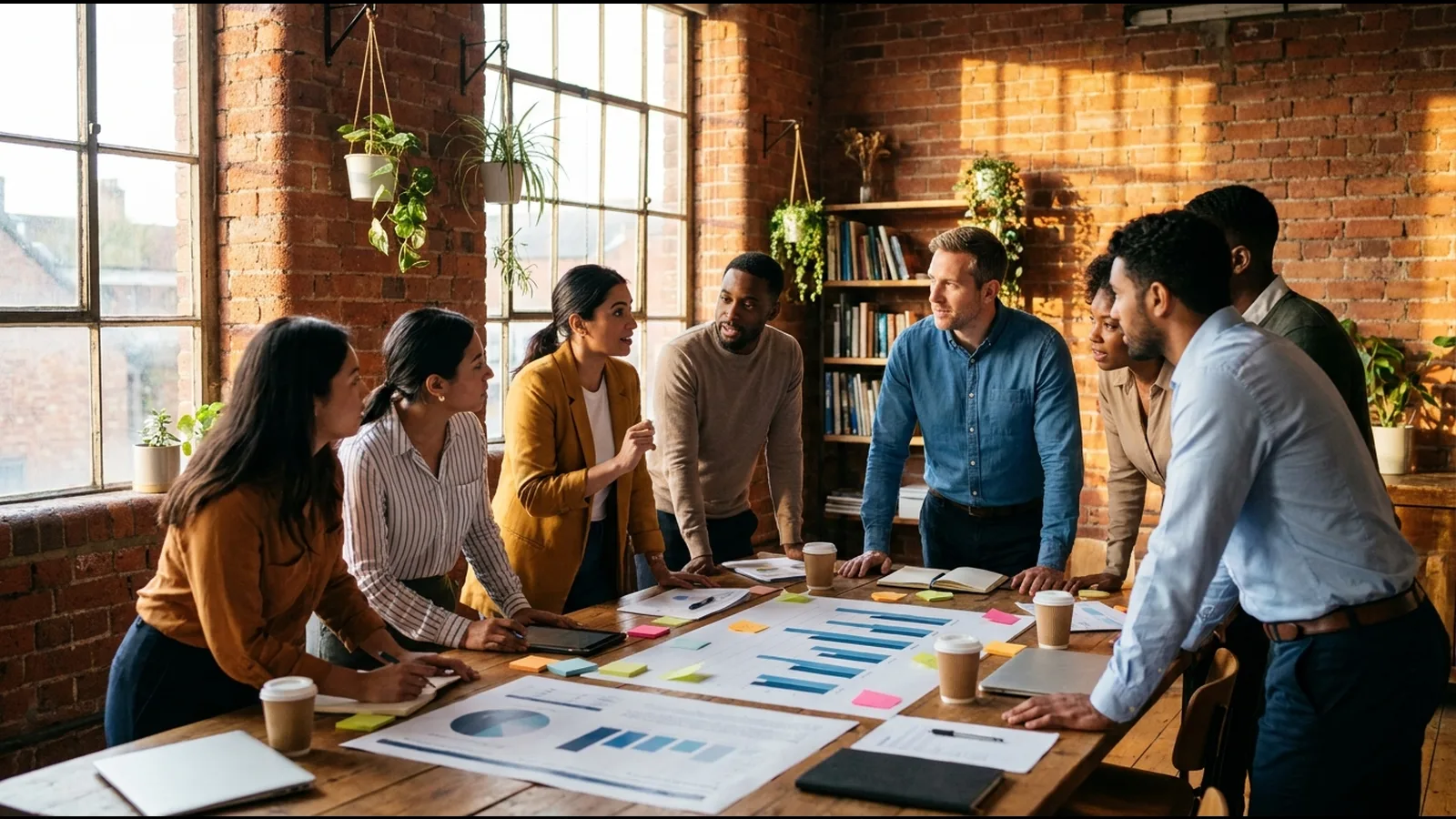 A founding team standing over the numbers together at one long table in a brick loft